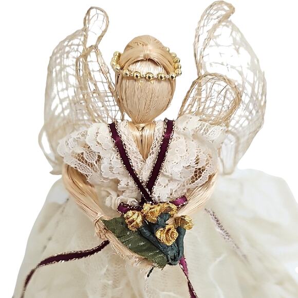 Vintage Cornhusk Lace Mesh Faceless Angel Tree Topper with Gold Accents Decor 8" - Picture 8 of 8